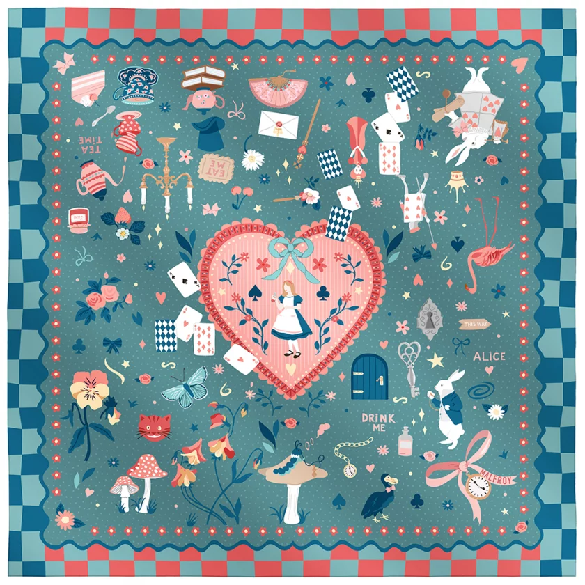 Carré de soie 67, twill de soie imprimé Alice - bleu