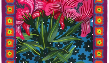 Carré de soie 67, Twill de soie imprimé 70 Flowers de l’artiste Caroline Romain Desfossés – Violet