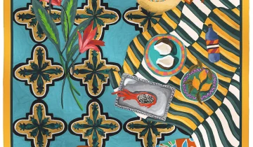 Carré en coton et soie 67 imprimé Coconut de l’artiste Caroline Romain Desfossés – Jaune