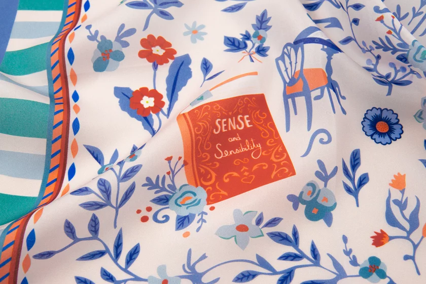 Carré de soie 67, pongé de soie imprimé Jane - bleu