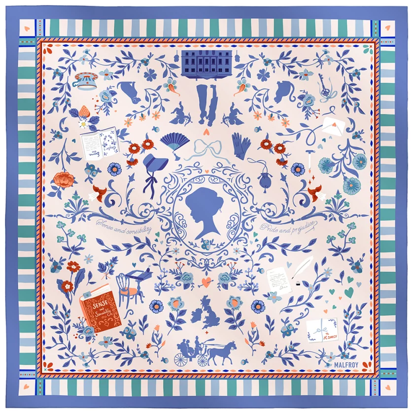 Carré de soie 67, pongé de soie imprimé Jane - bleu