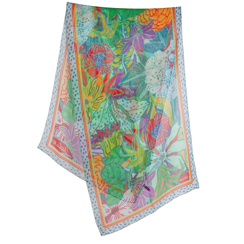 Echarpe soie 43x140, mousseline de soie imprimée Fleurs de l'artiste Caroline RD - Turquoise rouge