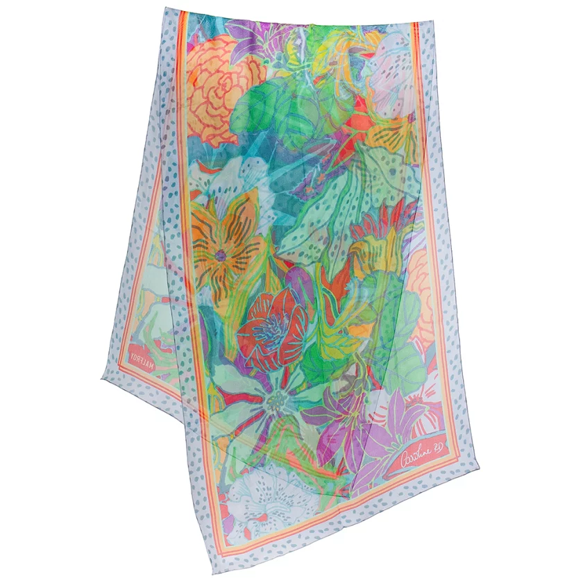 Echarpe soie 43x140, mousseline de soie imprimée Fleurs de l'artiste Caroline RD - Turquoise rouge