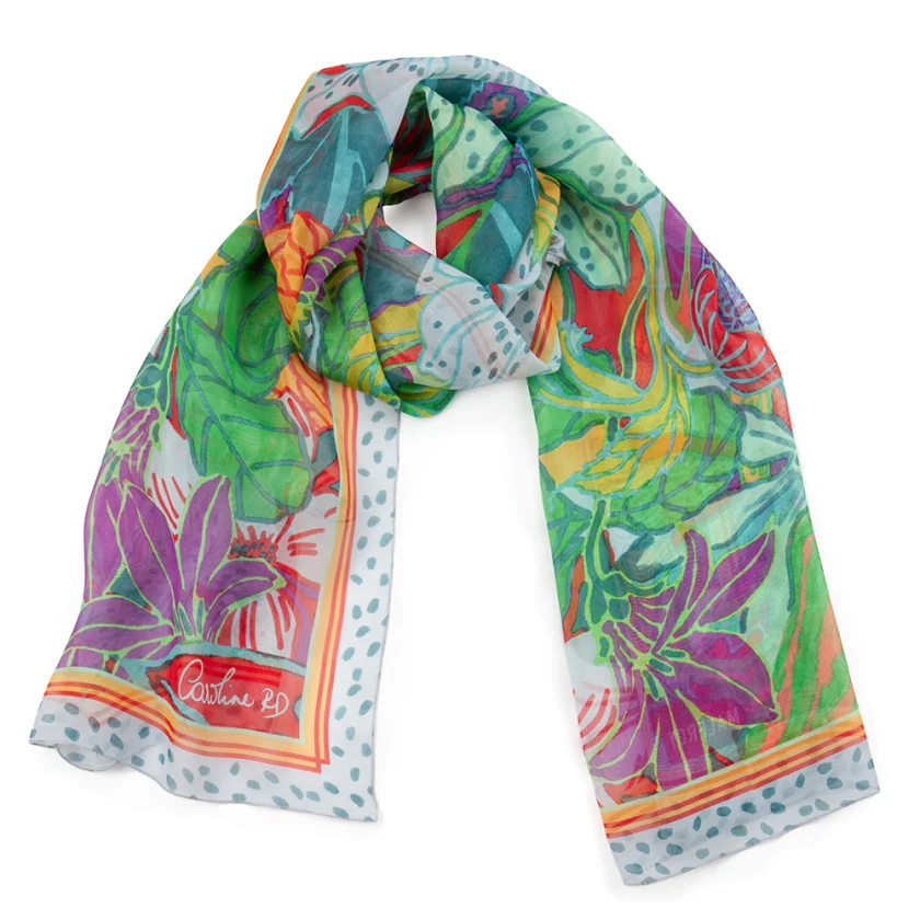 Echarpe soie 43x140, mousseline de soie imprimée Fleurs de l'artiste Caroline RD - Turquoise rouge