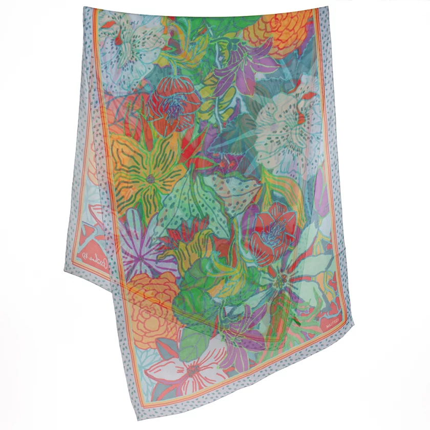Echarpe soie 67x180, mousseline de soie imprimée Fleurs de l'artiste Caroline RD - Vert violet