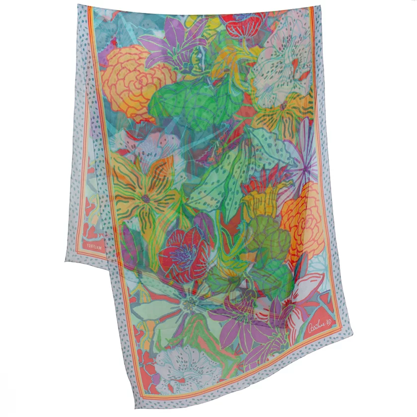 Echarpe soie 67x180, mousseline de soie imprimée Fleurs de l'artiste Caroline RD - Vert violet
