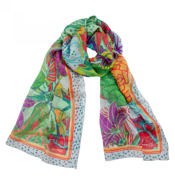 Echarpe soie 67x180, mousseline de soie imprimée Fleurs de l'artiste Caroline RD - Vert violet