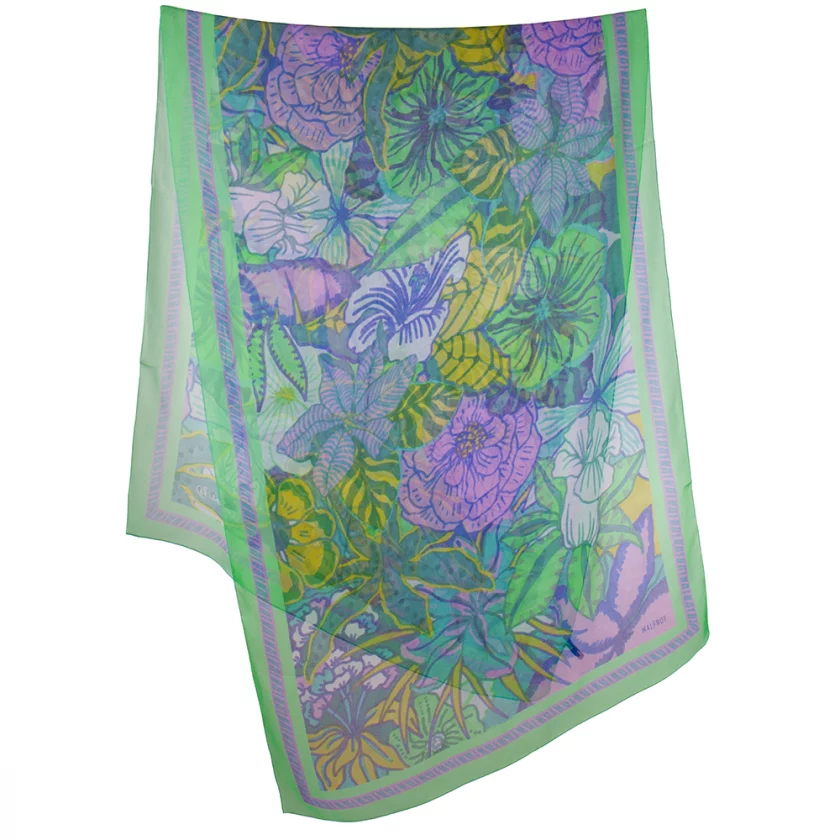 Echarpe soie 67x180, mousseline de soie imprimée Fleurs de l'artiste Caroline RD - Vert violet