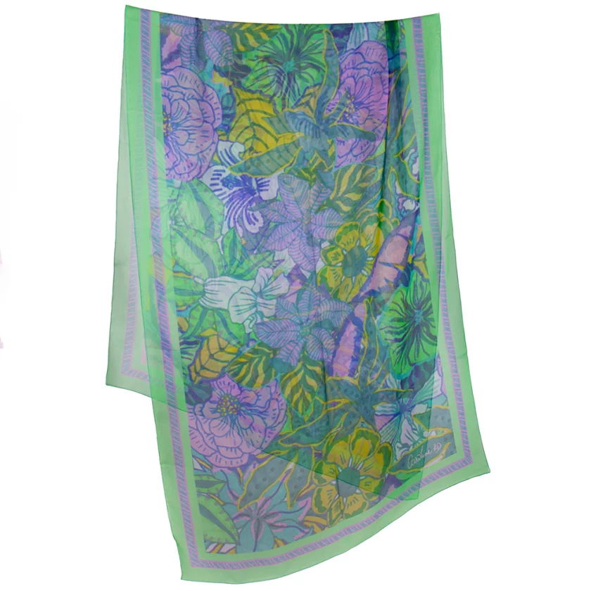 Echarpe soie 67x180, mousseline de soie imprimée Fleurs de l'artiste Caroline RD - Vert violet