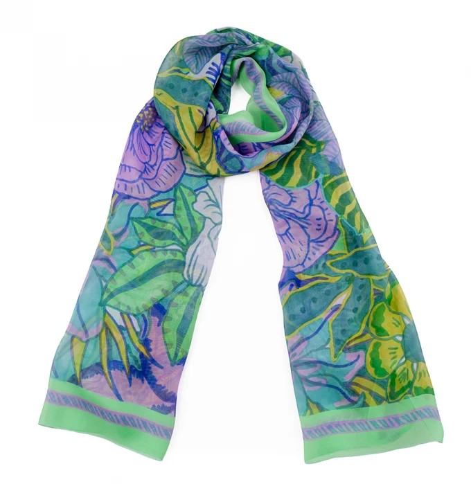 Echarpe soie 67x180, mousseline de soie imprimée Fleurs de l'artiste Caroline RD - Vert violet