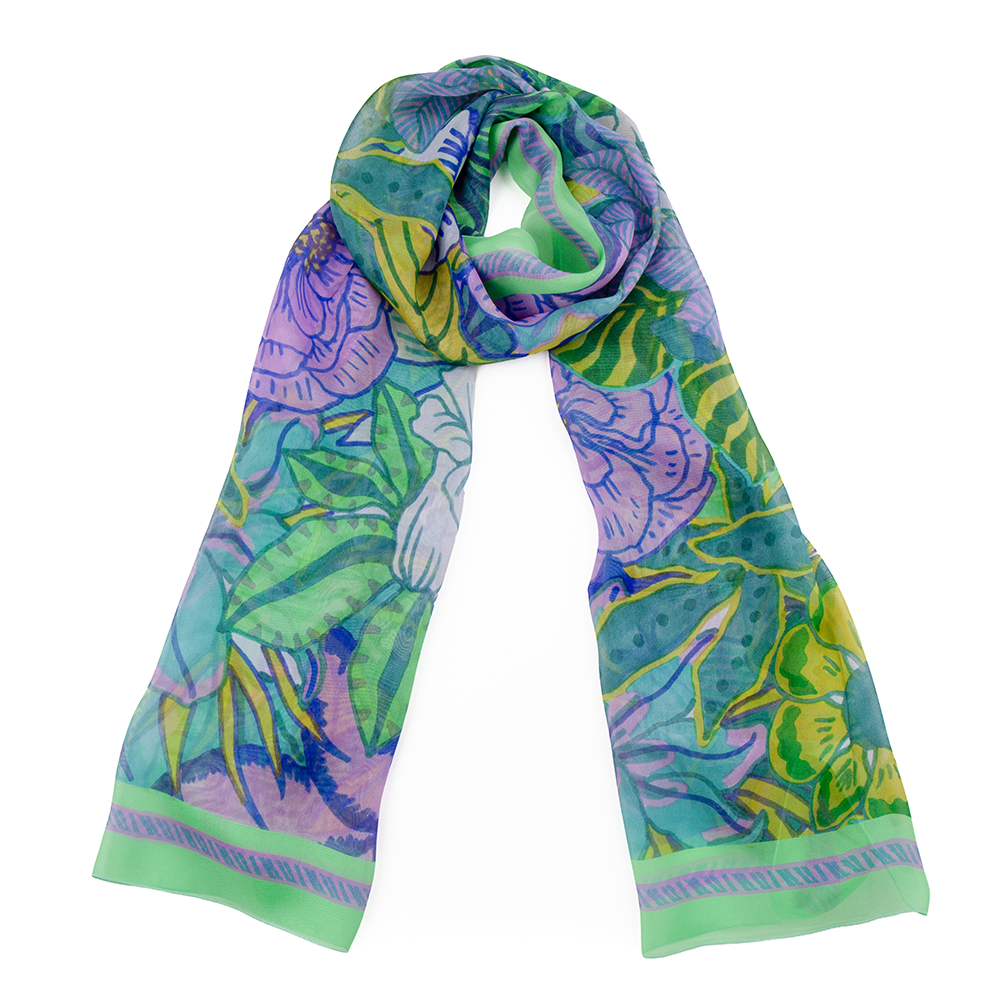 Echarpe soie 67x180, mousseline de soie imprimée Fleurs de l'artiste Caroline RD - Vert violet