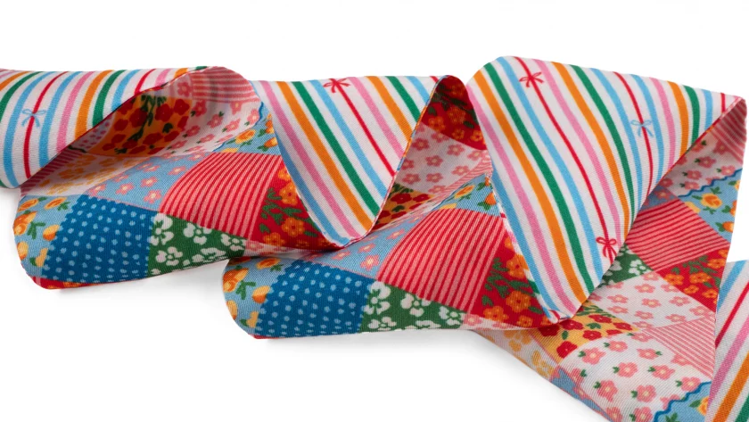 Bandeau de soie 6x86, twill de soie imprimé Patchwork - Rose rouge bleu