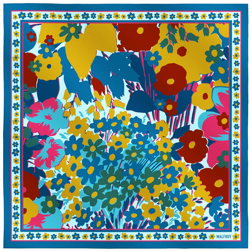 Carré de soie 67, twill de soie imprimé Jardin fleuri -bleu jaune