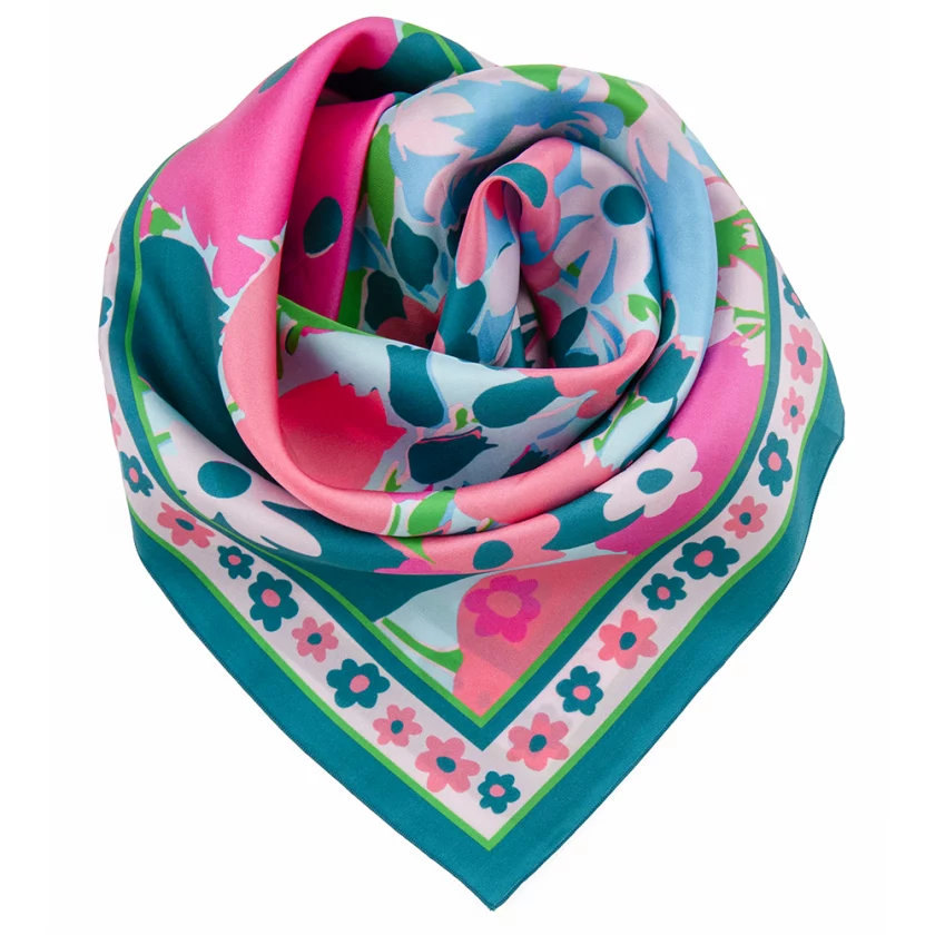 Carré de soie 67, twill de soie imprimé Jardin fleuri -bleu canard rose