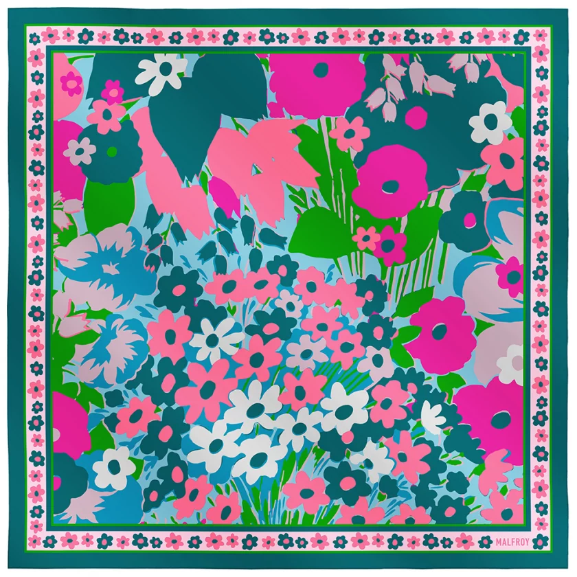 Carré de soie 67, twill de soie imprimé Jardin fleuri -bleu canard rose