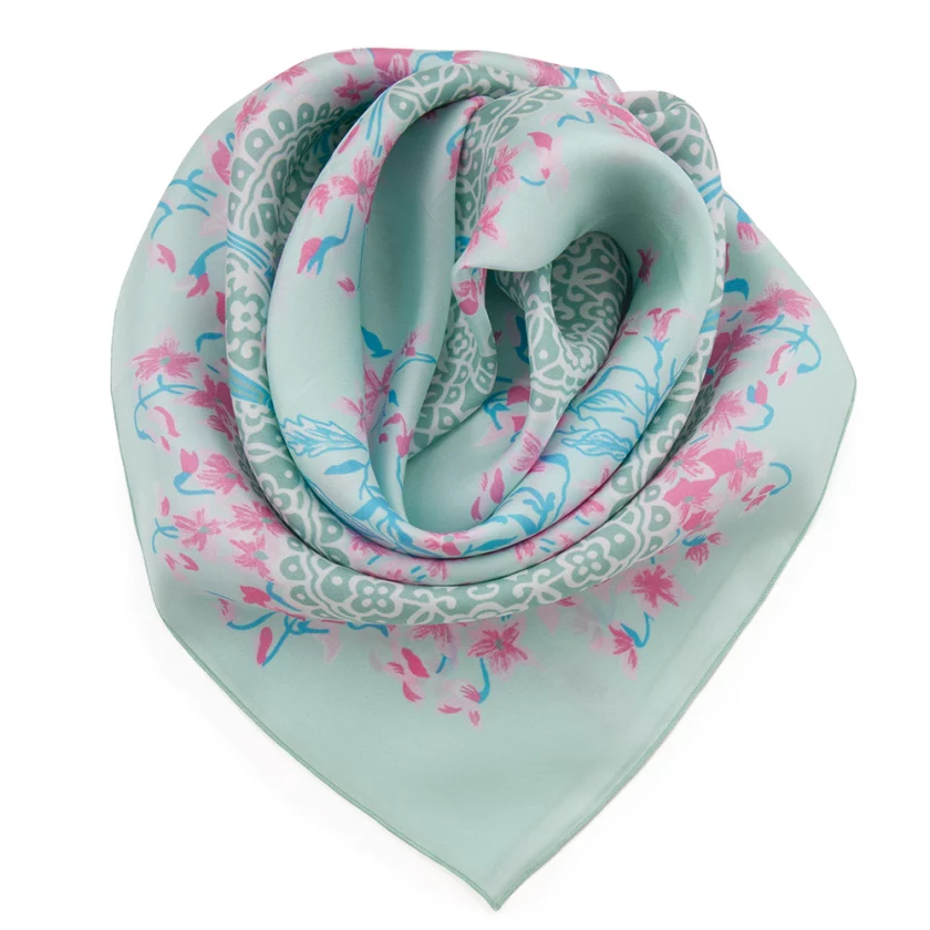 Carré de soie 67, twill de soie imprimé Violette - vert rose