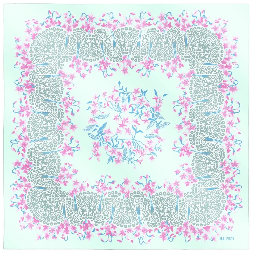 Carré de soie 67, twill de soie imprimé Violette - vert rose