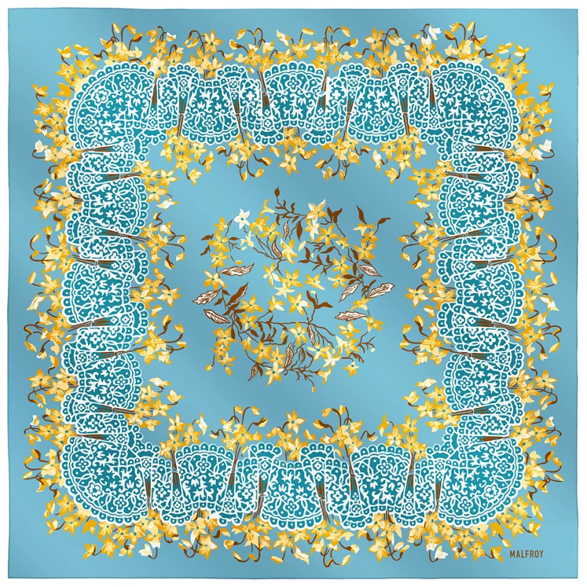 Carré de soie 67, twill de soie imprimé Violette - bleu jaune