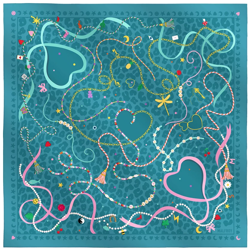 Carré de soie 67, twill de soie imprimé Lucky charms - bleu