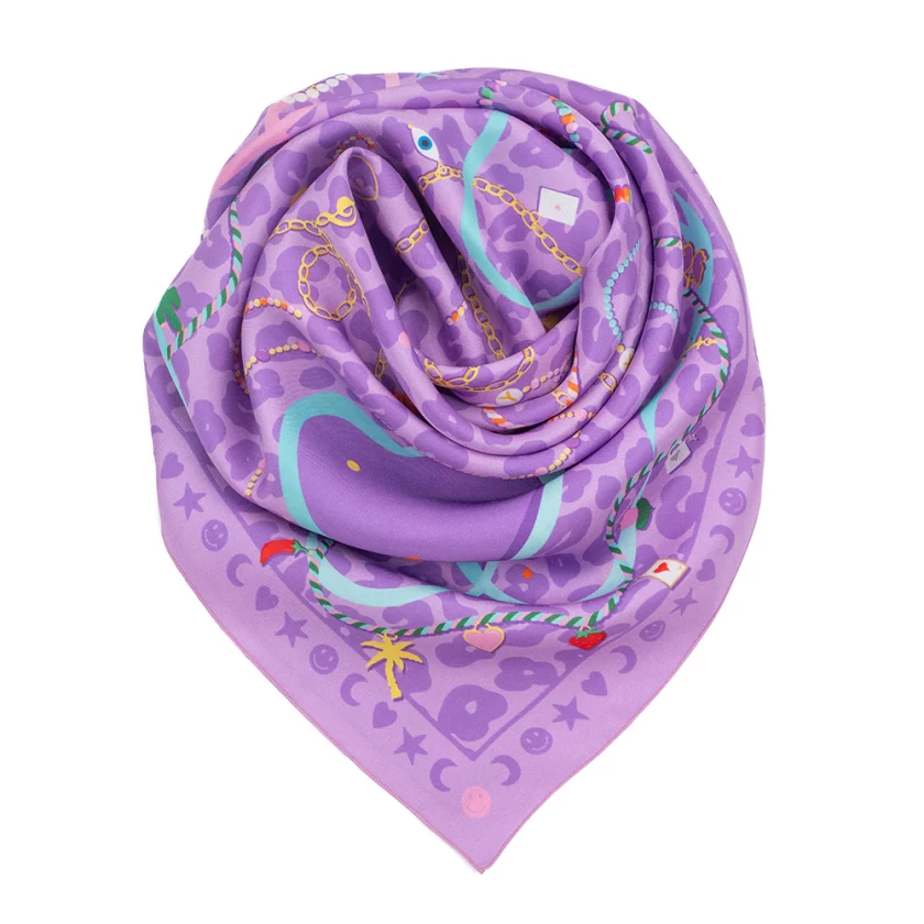 Carré de soie 67, twill de soie imprimé Lucky charms - Mauve