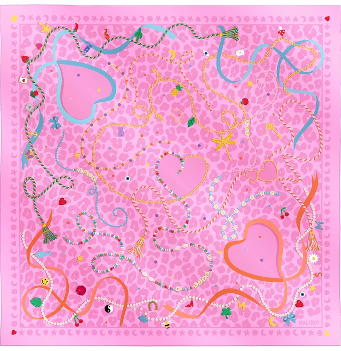 Carré de soie 67, twill de soie imprimé Lucky charms - Rose
