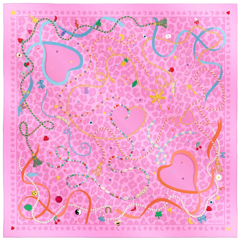 Carré de soie 67, twill de soie imprimé Lucky charms - Rose