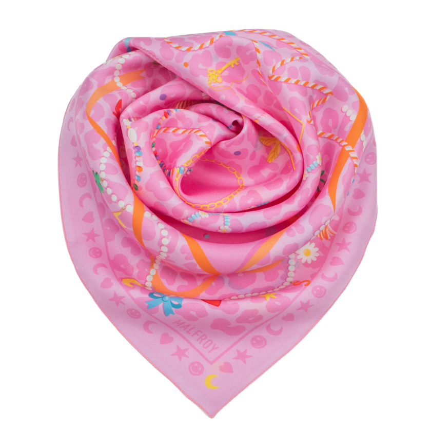 Carré de soie 67, twill de soie imprimé Lucky charms - Rose
