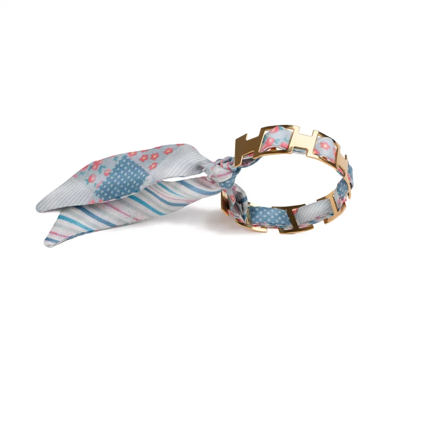 Bracelet doré et lien en twill de soie imprimé patchwork et rayures -Bleu rose