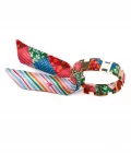 Bracelet doré et lien en twill de soie imprimé patchwork et rayures - Rouge rose bleu