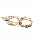 Bracelet plaqué or et lien en twill de soie imprimé patchwork et rayures - Orange bleu
