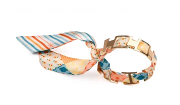 Bracelet doré et Lien en Twill de soie imprimé Patchwork Rayures – Orange