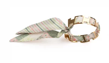 Bracelet doré et Lien en Twill de soie imprimé Patchwork Rayures – Vert