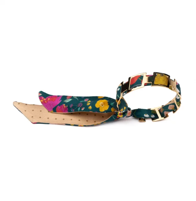 Bracelet doré et lien en twill de soie imprimée Fleurettes mini pois - Vert beige