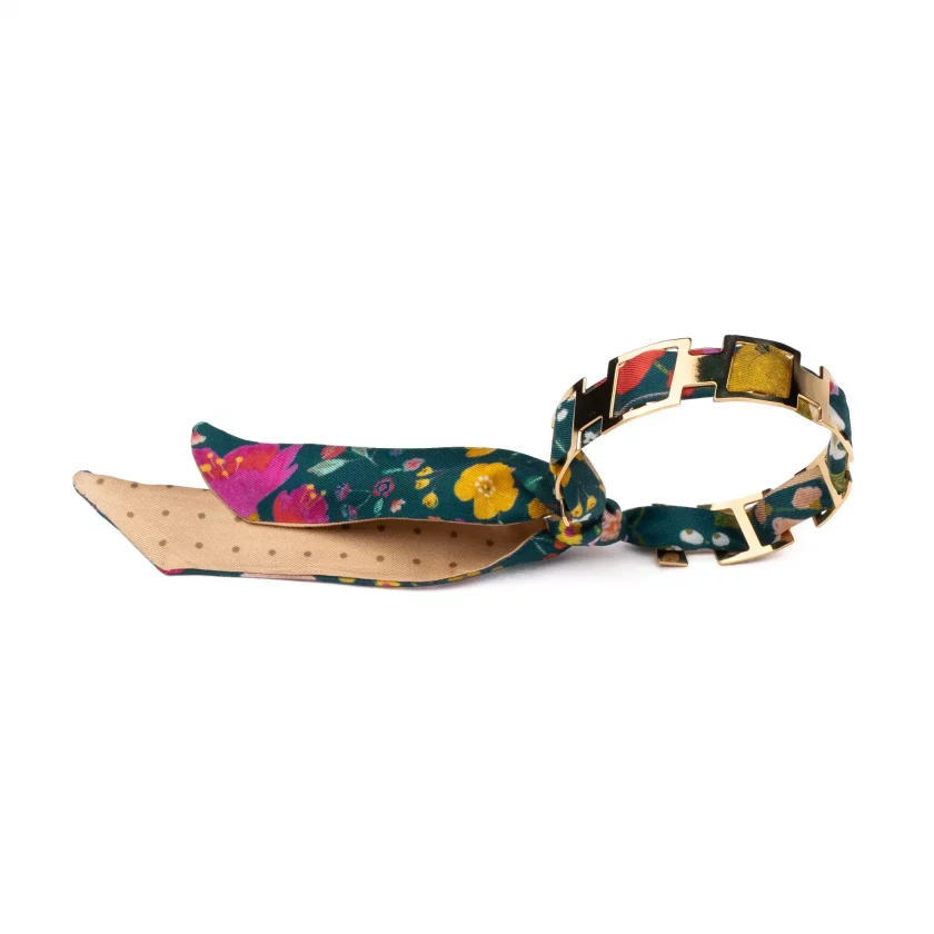 Bracelet doré et lien en twill de soie imprimée Liberty mini pois - Vert beige