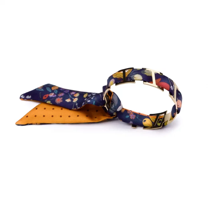 Bracelet doré et lien en twill de soie imprimée Fleurettes mini pois - Violet or