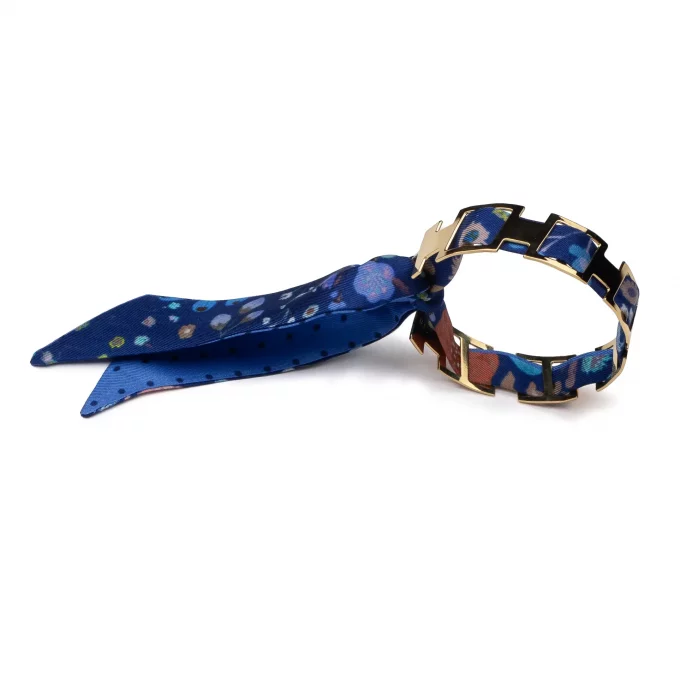 Bracelet doré et lien en twill de soie imprimée Fleurettes mini pois - Bleu