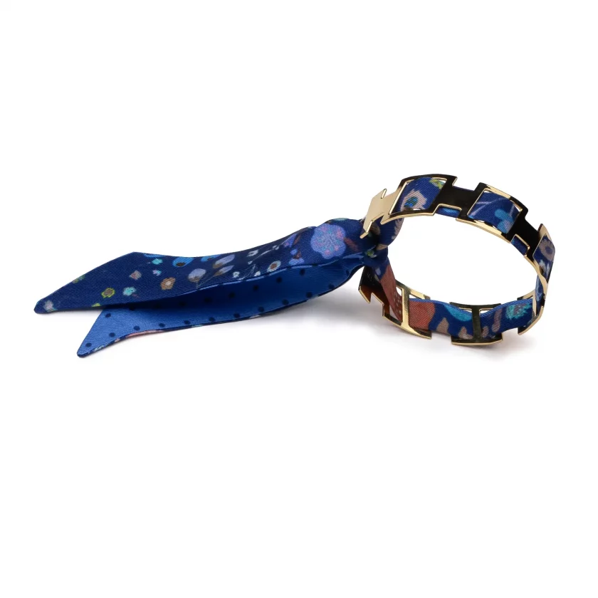 Bracelet doré et lien en twill de soie imprimée Fleurettes mini pois - Bleu