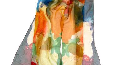 Echarpe en soie 43×160, mousseline de soie imprimée Paints de l’artiste Thuy – Orange