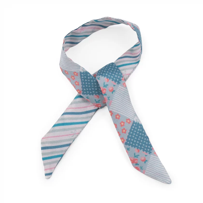 Lien en soie 2x45, twill de soie imprimé Patchwork - Bleu rose