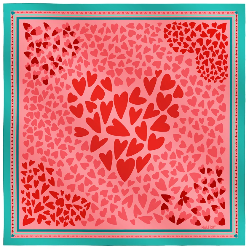 Carré de soie 67, twill de soie imprimé Coeur - Rouge turquoise