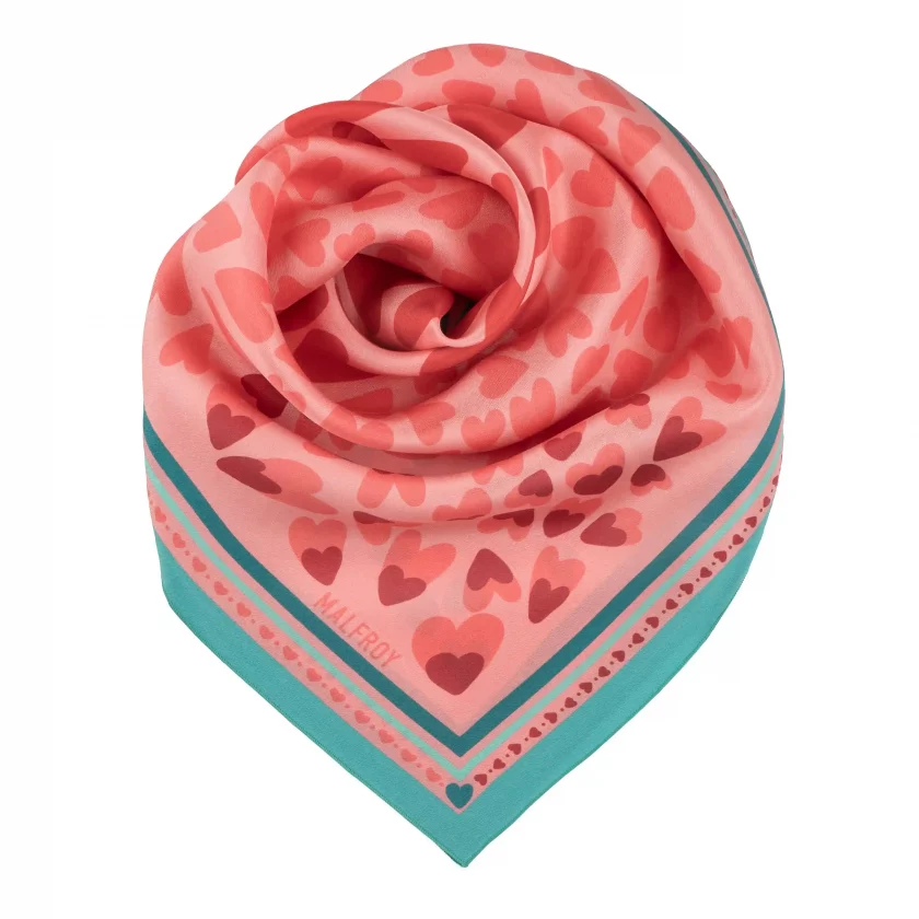 Carré de soie 67, twill de soie imprimé Coeur - Rouge turquoise