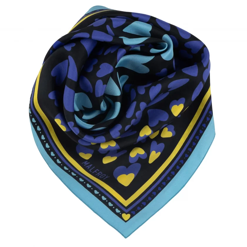 Carré de soie 67, twill de soie imprimé Coeur - Bleu