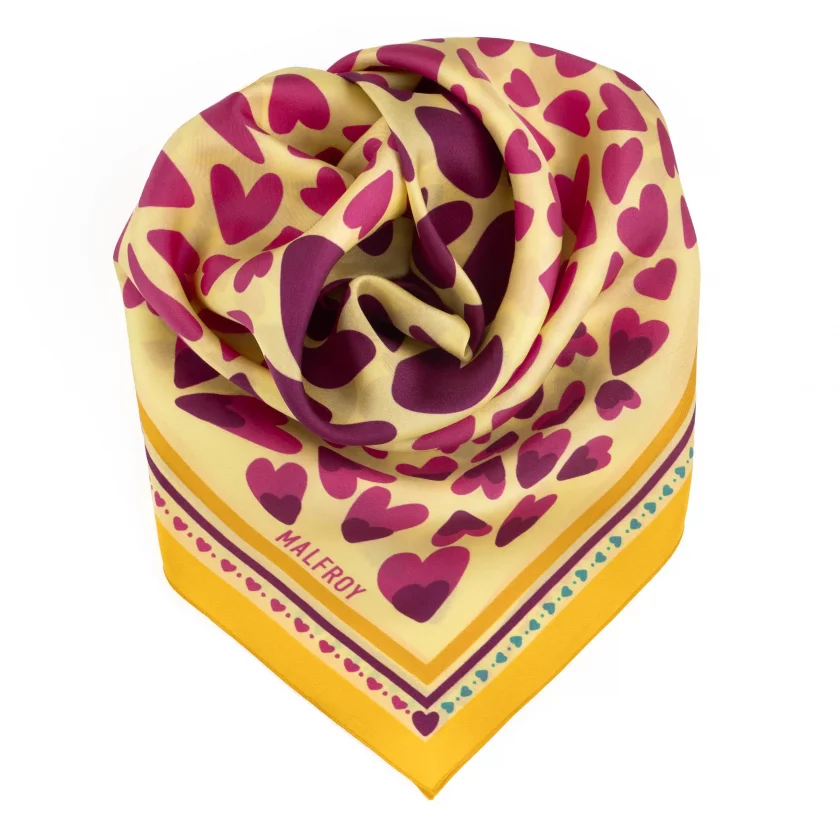 Carré de soie 67, twill de soie imprimé Coeur - Jaune rose
