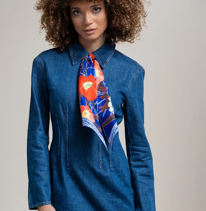 Bandeau en twill de soie 13x140 imprimé Les coquelicots - bleu