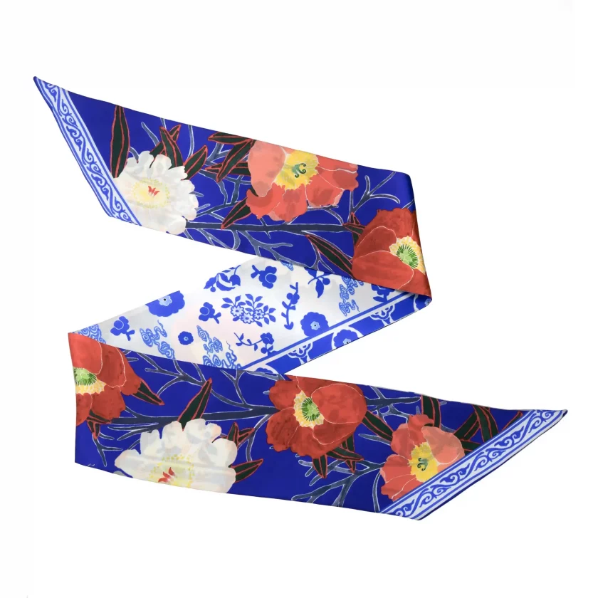 Bandeau en twill de soie 13x140 imprimé Les coquelicots - bleu