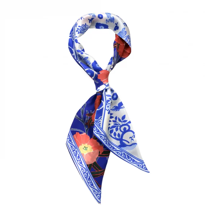 Bandeau en twill de soie 13x140 imprimé Les coquelicots - bleu