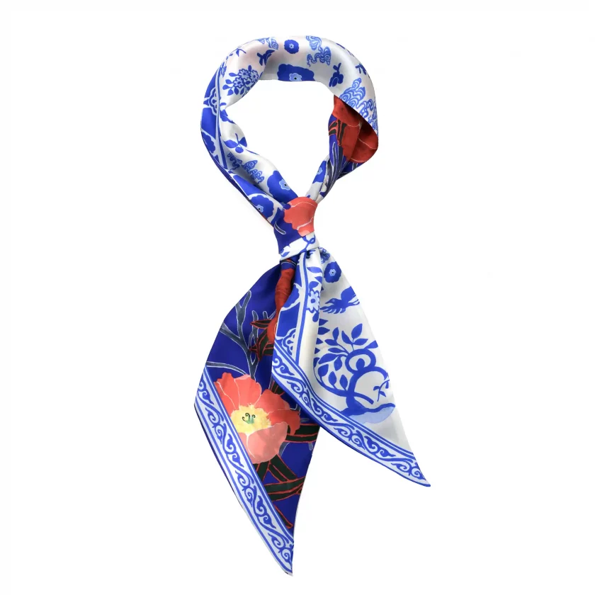 Bandeau en twill de soie 13x140 imprimé Les coquelicots - bleu