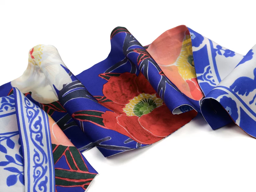 Bandeau en twill de soie 13x140 imprimé Les coquelicots - bleu